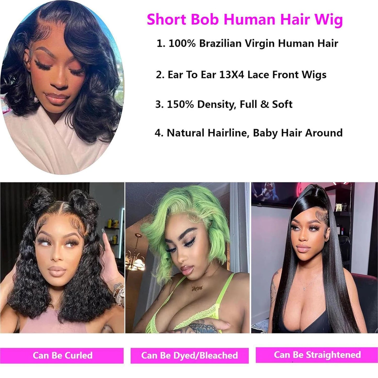 Short Body Wave Lace Wig – 100% Brazilian Remy Human Hair | 4x4 & 13x4 Lace Closure & Frontal, Glueless Fit