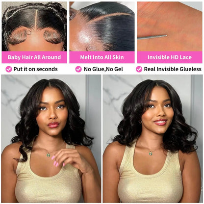 Short Body Wave Lace Wig – 100% Brazilian Remy Human Hair | 4x4 & 13x4 Lace Closure & Frontal, Glueless Fit